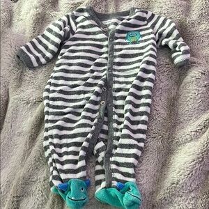 Striped Gray and White Kids One Piece with Monster Design